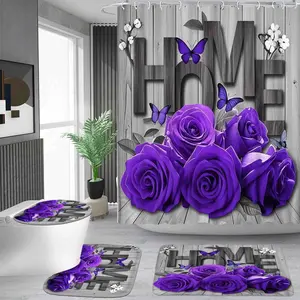 1/4 piece purple rose and butterfly pattern shower curtain set, waterproof shower curtain with 12 hooks, non-slip bathroom carpet, toilet U-shaped cushion, toilet seat cover cushion, bathroom shower curtain set, perfect moving gift.
