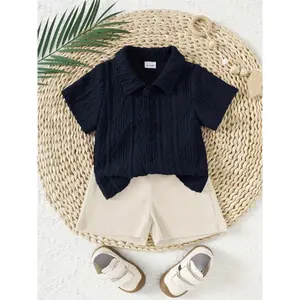 Boys' Newborn 2-Piece Casual Set - Plain Solid Color Jacquard Regular Fit Button-Front Short Sleeve Tops, Stretch Polyester Blend Shorts, Ideal for Outdoor Use, Two-Pieces
