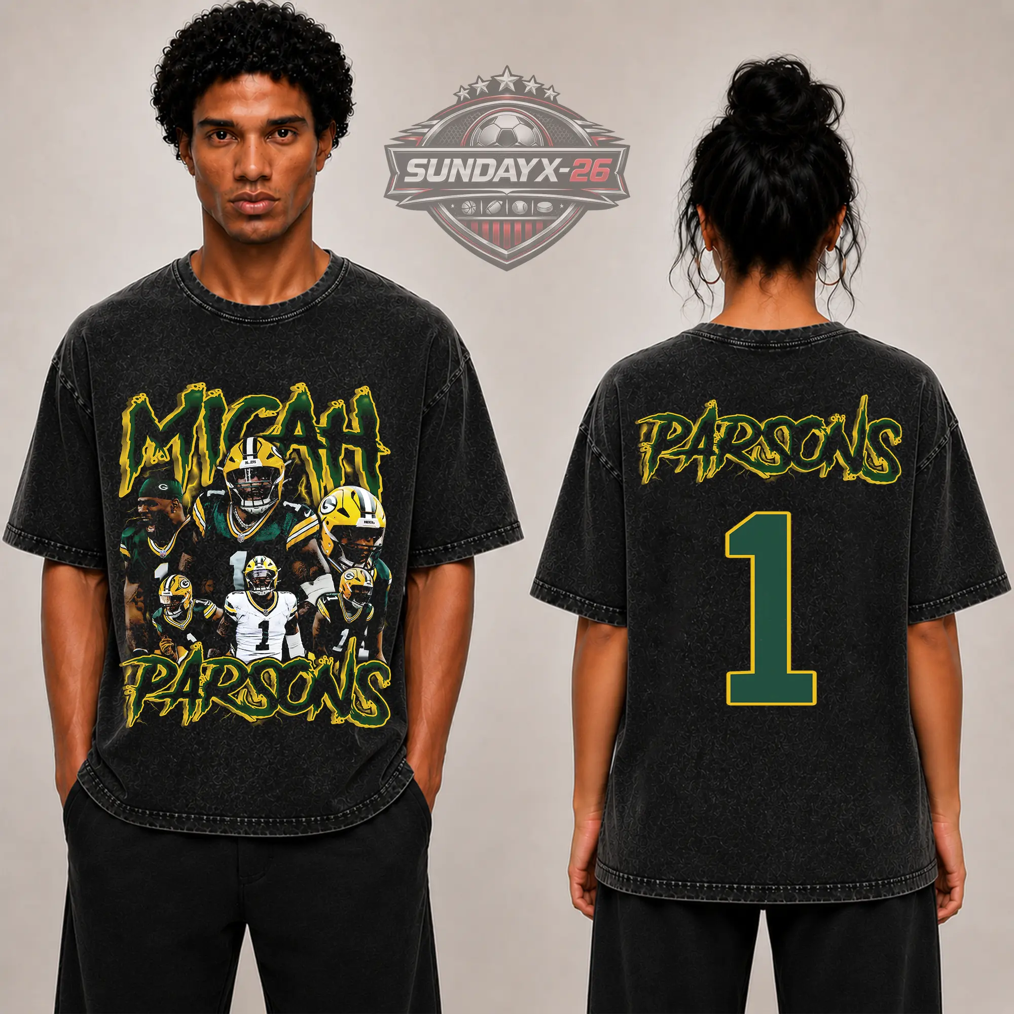 [X-26] Micah Parson 1 Graphic Premium Acid Washed T-Shirt (Made in US), Packers Football Fans Fits High Quality 100% Cotton Shirt, Cheeseheads Outfit, Gift for Football Fans, Boyfriend
