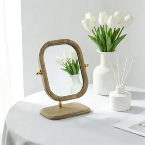 Vintage Chinese Style Wooden Handheld Makeup Mirror Rotating Desktop Dorm Room Portable Cosmetic Mirror for Women Girls Travel Use