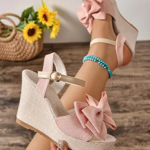 Women's Fashionable and Personalized Solid Color Wedge and Platform Sandals, Elegant Bow High-Heeled Sandals, Non-Slip Sole, Matching for Spring & Summer Holidays, Wedged Platform Sandals
