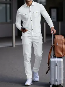 Men's Spring Autumn Knitted Button-Down Jacket Set, Multi-Pocket Long Pants, Casual Business Style, Regular Fit, 2 Piece Suit