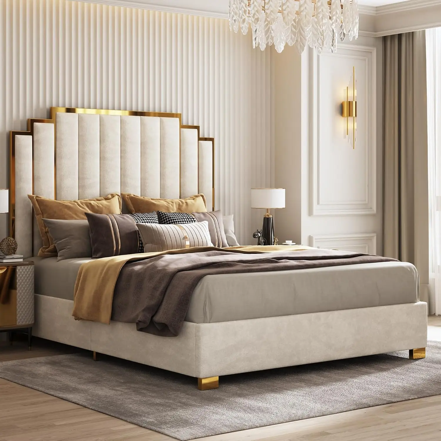 [Summerwins] [SummerFinds] AMERLIFE Bed Frame with 65" Headboard, Upholstered Platform Bed with Golden Plating Trim, Modern Luxury Bed Frame, No Box Spring Needed/No Mattress/Queen/King/Best Gift Ideas/Christmas Gifts