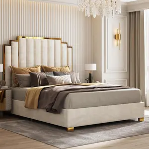 [Summervibes] AMERLIFE Bed Frame with 65" Headboard, Upholstered Platform Bed with Golden Plating Trim, Modern Luxury Bed Frame, No Box Spring Needed/No Mattress/Queen/King/Best Gift Ideas/Christmas Gifts