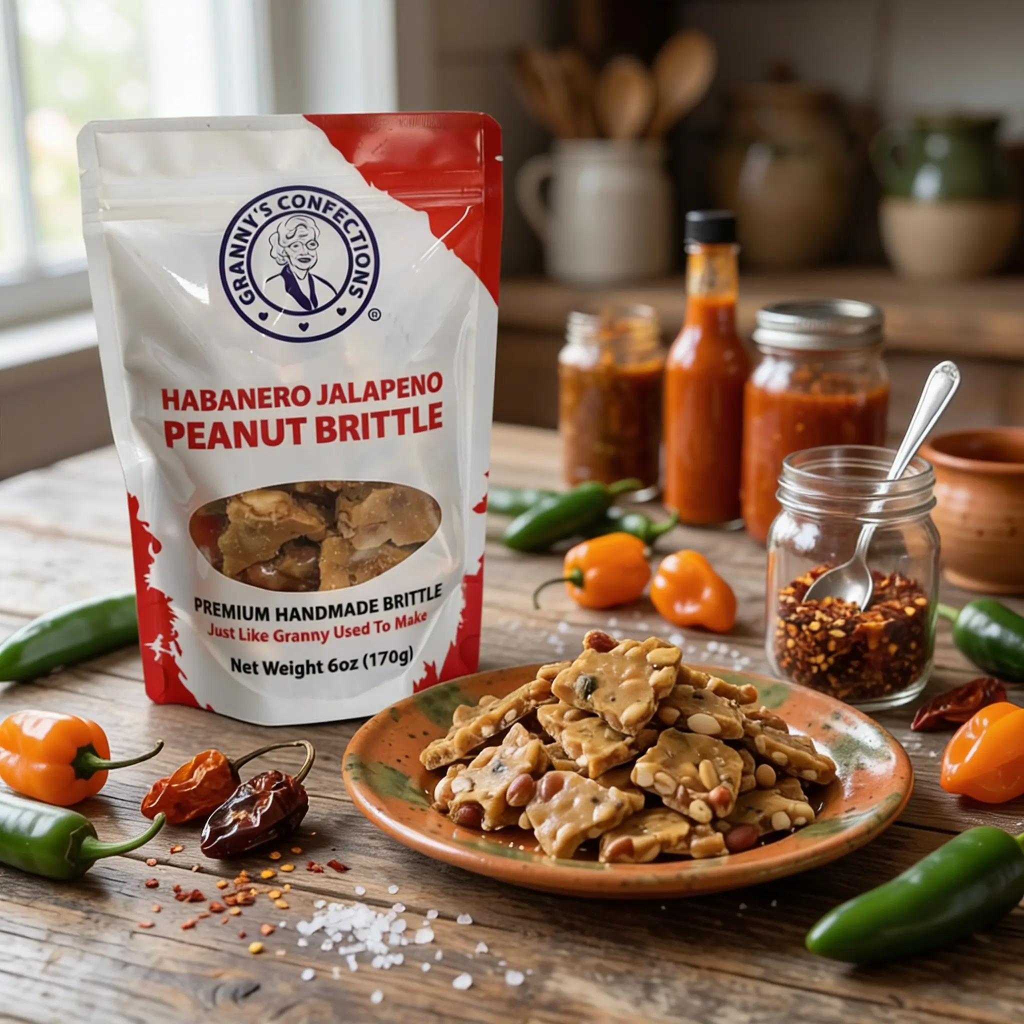 Granny's Confections Homemade Habanero-Jalapeno Peanut Brittle - 6oz Bag, Gluten-Free Snacks, Spicy, Vanilla Infused, Made in USA Michigan, No Artificial Flavors/Colors, Traditional Family Recipe for Holidays,Birthdays, Baking Soda