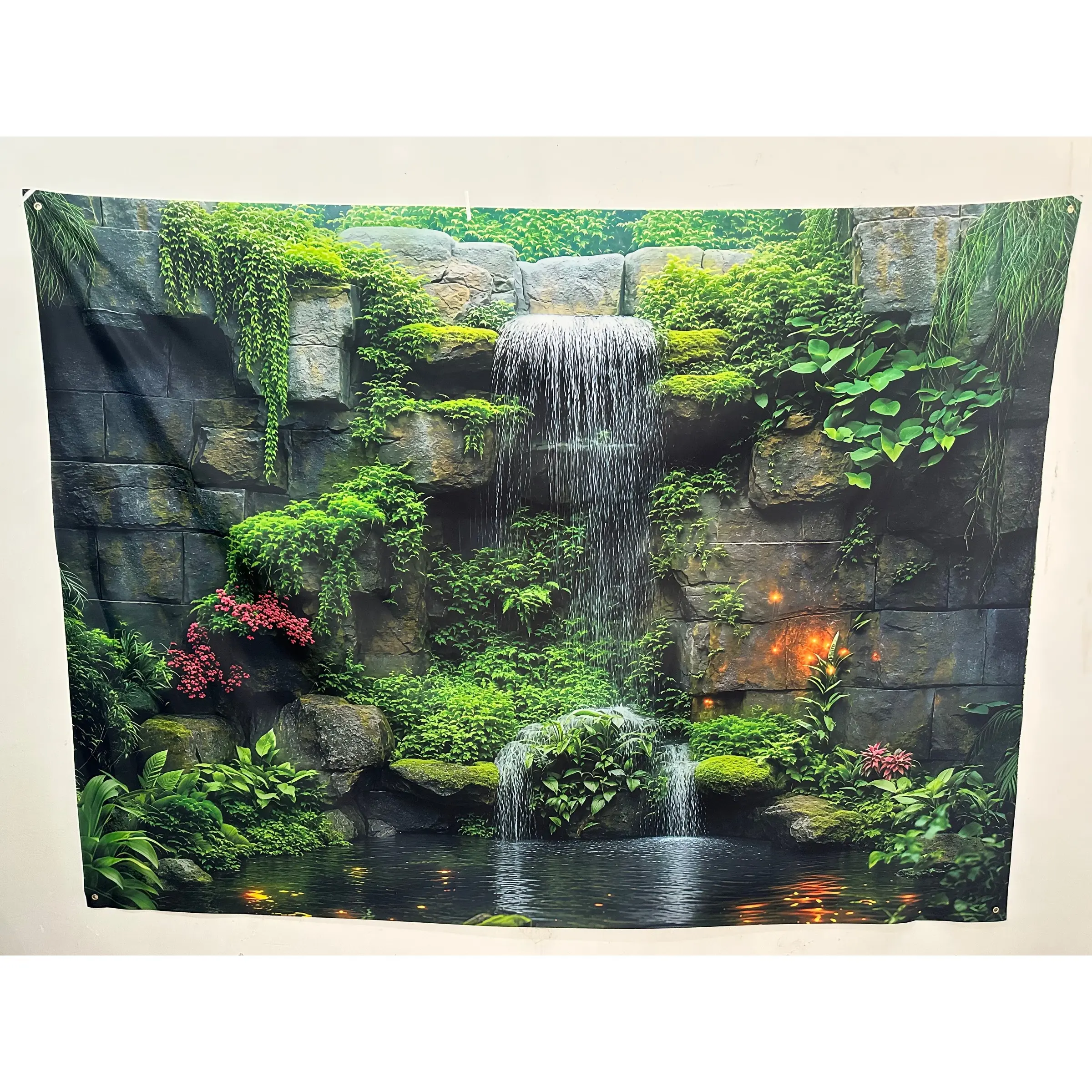 1 Piece Waterfall and Greenery Polyester Backdrop, Wall-Hanging Backdrop, Stone Wall Design, Wrinkle- and Wear-Resistant Fabric, Suitable for Photography, Weddings and Parties