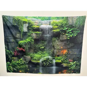 1 piece waterfall and greenery polyester background banner, Wedding Party Backdrop, featuring a stone wall design, waterfall flowing, vibrant leaves, wrinkle-resistant and wear-resistant fabric, suitable for photography, weddings, parties