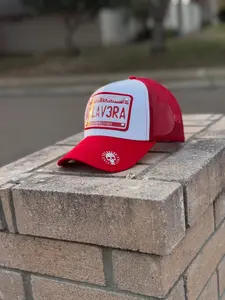 Calavera NY Trucker Hat – Red & White Snapback | Streetwear License Plate Design