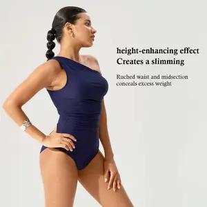 BodyTips Diagonal Shoulder Swimsuit Halter Neck Ruched Tummy Control Design Cooling Feel Flexible Fit Streamlined Silhouette Sculpting Effect Clean Style Beach Outfit For Pool Vacation Activities Sunbathing Water Sports Travel Casual Swim Look Resort Vibe