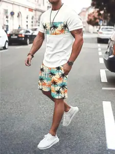 Summer Trend Tropical New Men's Fitted T-Shirt and Shorts Print Set, Menswear, Fashionable Casual for Summer, Comfortable Knee Length Style with Short Sleeves