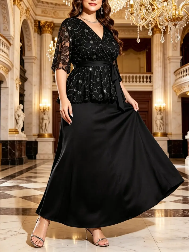 high waisted plus size evening dresses Plus-Size Long Glitter Prom Dress with Lace-Up Corset Black / 20 main image 0