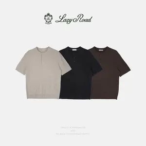 LazyRoad Old Money Style Men's Henley-Neck Short-Sleeve T-Shirt, Breathable Tencel & Linen Blend Knit T-Shirt(black/brown/apricot)-M6006