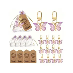 36pcs, Butterfly Keychain Gift Set, 12pcs Acrylic Purple Keychains, 12pcs Brown Cards And 12pcs Organza Drawstring Bags, Gender Reveal Party, Perfect For Birthdays, Weddings, Parties, The Perfect Gift For Colleagues, Friends, And Family, Back To School Va