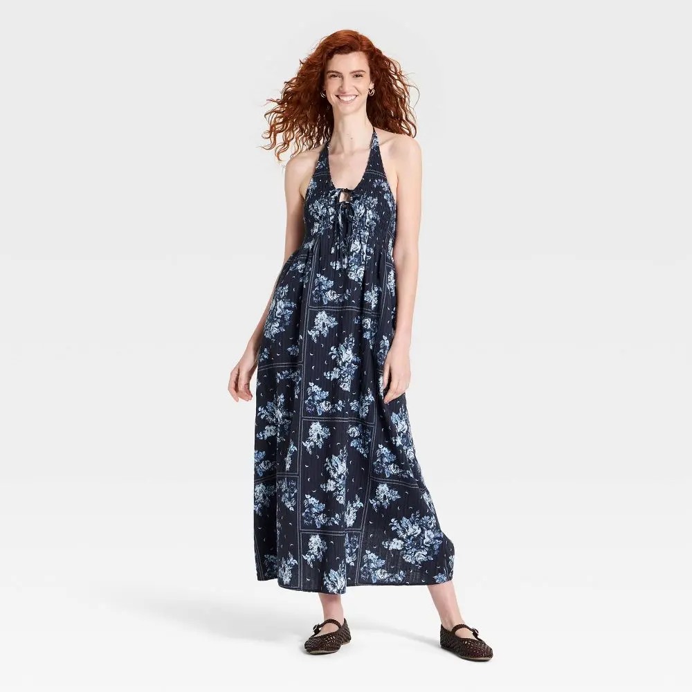 Women's Cotton Pullover Halter Neck Printed Casual Maxi Sundress - Universal Garment, Sleeveless