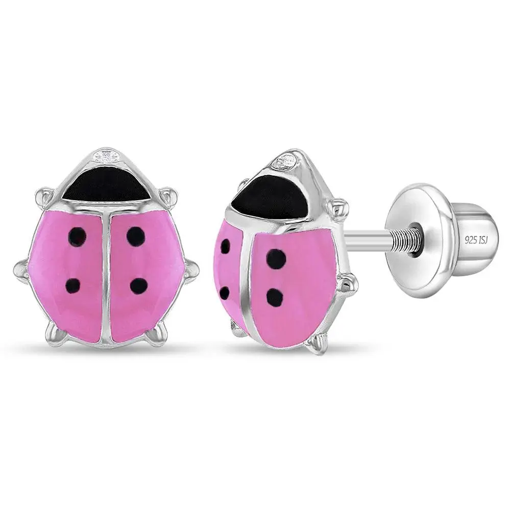 Adorable Enamel Ladybug Baby / Toddler / Kids Earrings Screw Back Enamel - Sterling Silver