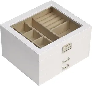 Clear Lid Jewelry Box, 3 Layers Large Multi-Functional Jewelry Organizer Storage Box with 2 Drawers, Jewelry Display Case for Rings Earrings Necklaces Bracelets for Women Girls (White)