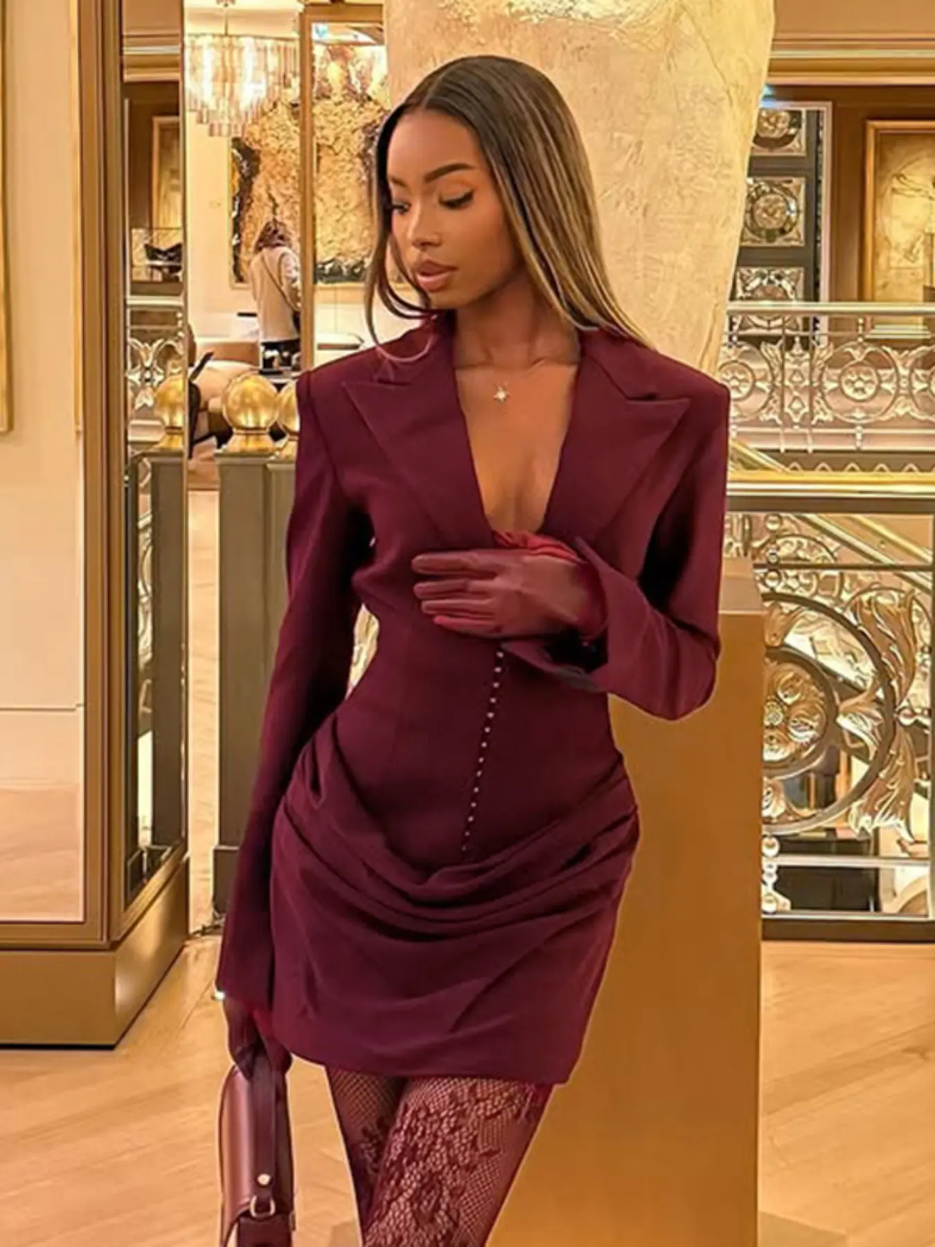 Women's Fashion Chic Solid Color Deep V Neck Elegant Fitted Dress, Trendy Ruched Waist Design, Perfect for Spring Autumn Parties - TikTok Shop Women's Fashion Chic Solid Color Deep V Neck Elegant Fitted Dress, Trendy Ruched Waist Design, Perfect for Spring Autumn Parties - TikTok Shop