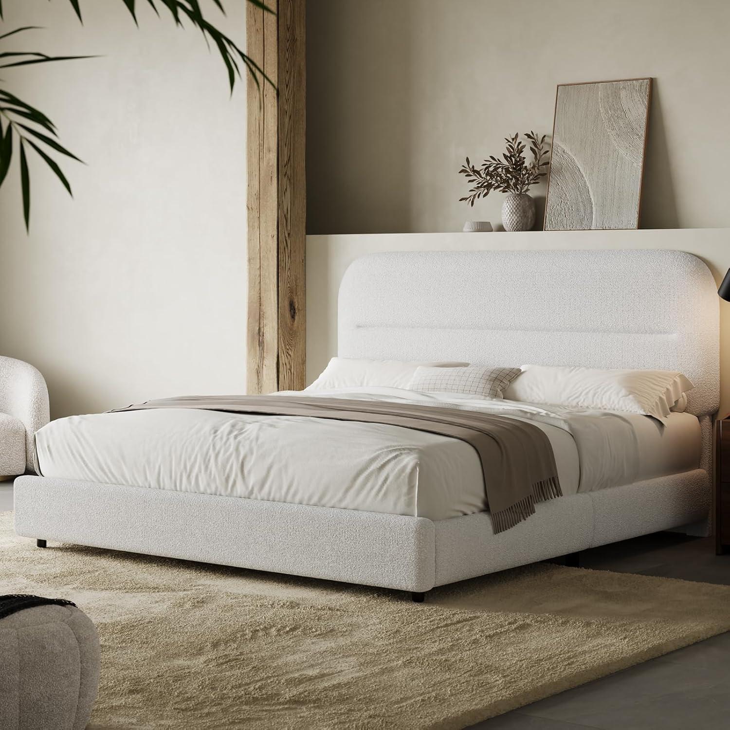 HOMBCK Boucle Upholstered Bed Frame with Headboard, Mattress not included,  Rounded Corners, No Box Spring Needed, Easy Assembly