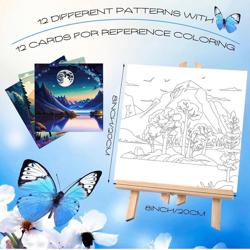 12 Pcs Pre Drawn Canvas for Painting for Adults 8 x 8 Inch Canvas Painting Kits Stretched Canvas with Drawing Ready to Paint Beginner Artists Date Night Party Supplies(Scenery)