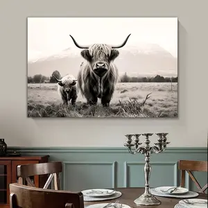 A canvas wall art piece of a Highland cow family, a frameless painting, which can be used for home decoration -- It is very suitable for decorating the living room, bedroom, office and bathroom.