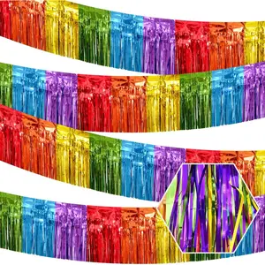 4 Packs 118in x 11.8in Colorful Foil Fringe Garland Rainbow Party Decorations Parade Floats  Banner Table Skirts Metallic Tinsel Streamers Curtains Party Backdrop for Cinco de Mayo Birthday
