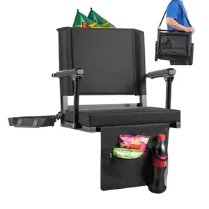 Stadium Bleacher Seat With Armrest And Thick Cushion, Portable Bench Chair For Bleachers, Back Support, Comfortable Padding, Includes Shoulder Strap, Hooks, Cup Holder, Non Slip Feet, Black Football Stadium Seating, 1 Piece