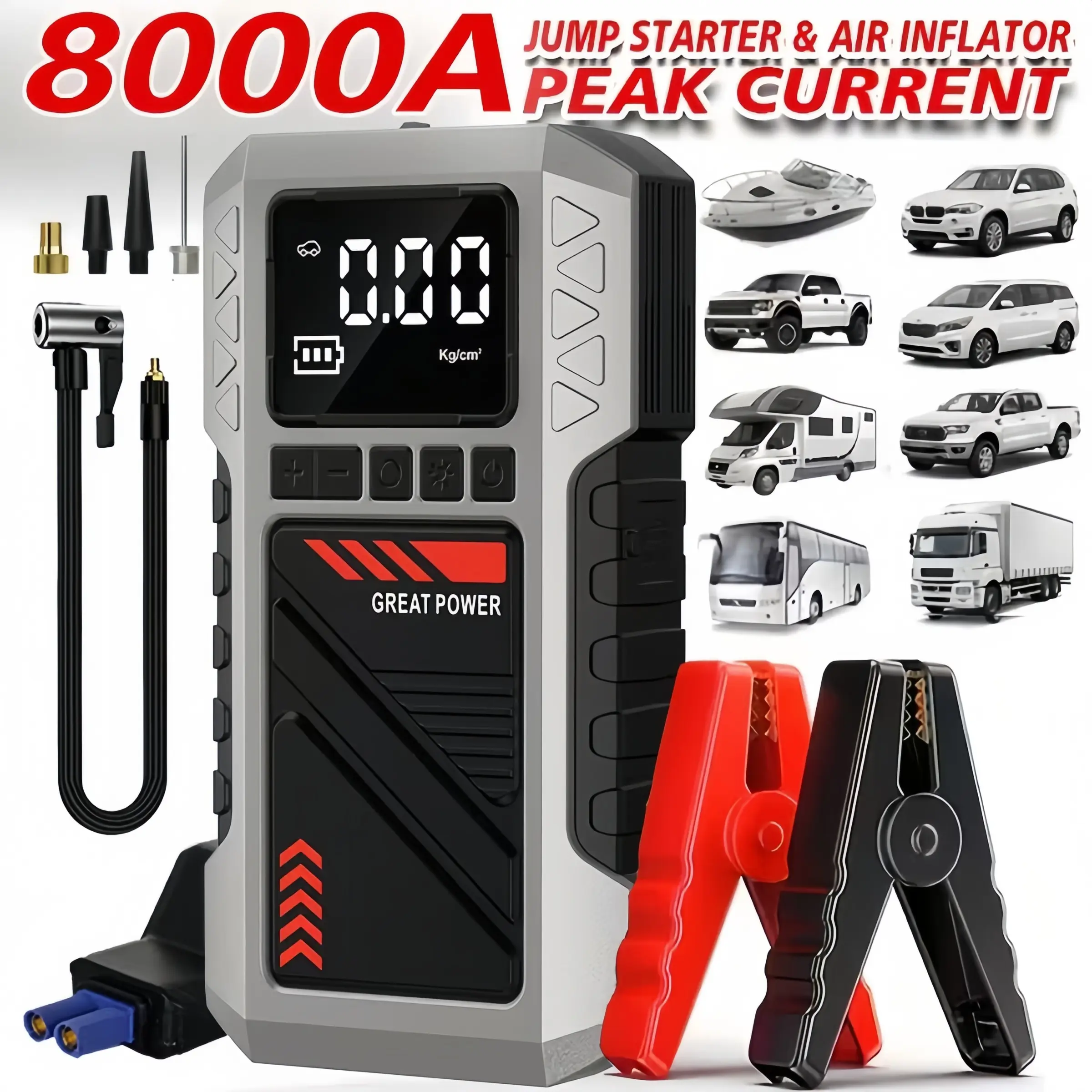 Multifunctional Car Repair Tool Set, Automotive Repair Tools, Automotive Maintenance Tools, Includes 180 Psi Digital Air Compressor, 12/24v Battery Booster, 8000mah Battery Pack, Tire Pressure Monitor, Portable Tire Inflator