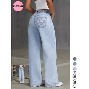 Women’s embroidered bow washed denim jeans, casual and versatile denim pants, women’s minimalist mid-rise denim wide-leg jeans, fashionable multi-pocket women’s denim pants, classic women’s pants, street women’s clothing GARMENTARY
