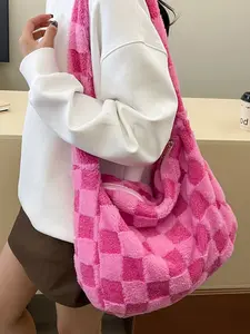 Women's Plaid Faux Fur Shoulder Bag, Fashionable Puffy Design, Large Capacity, Casual Daily Commuter Bag, Perfect for & Special Occasions, Fashionable Patterned Bag