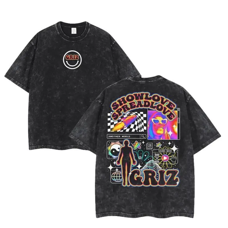 Men's 2-Sided Washed Cotton T-Shirt - GRIZ Another World Unisex Vintage Fitted Short-Sleeve Tee, EDM Music Festival Merch, Women's Everyday Streetwear Tropical Graphic Top, Shortsleeve, Casual, Graphic Print, Cotton Fabric, Unisex Shirt, Streetwear Look