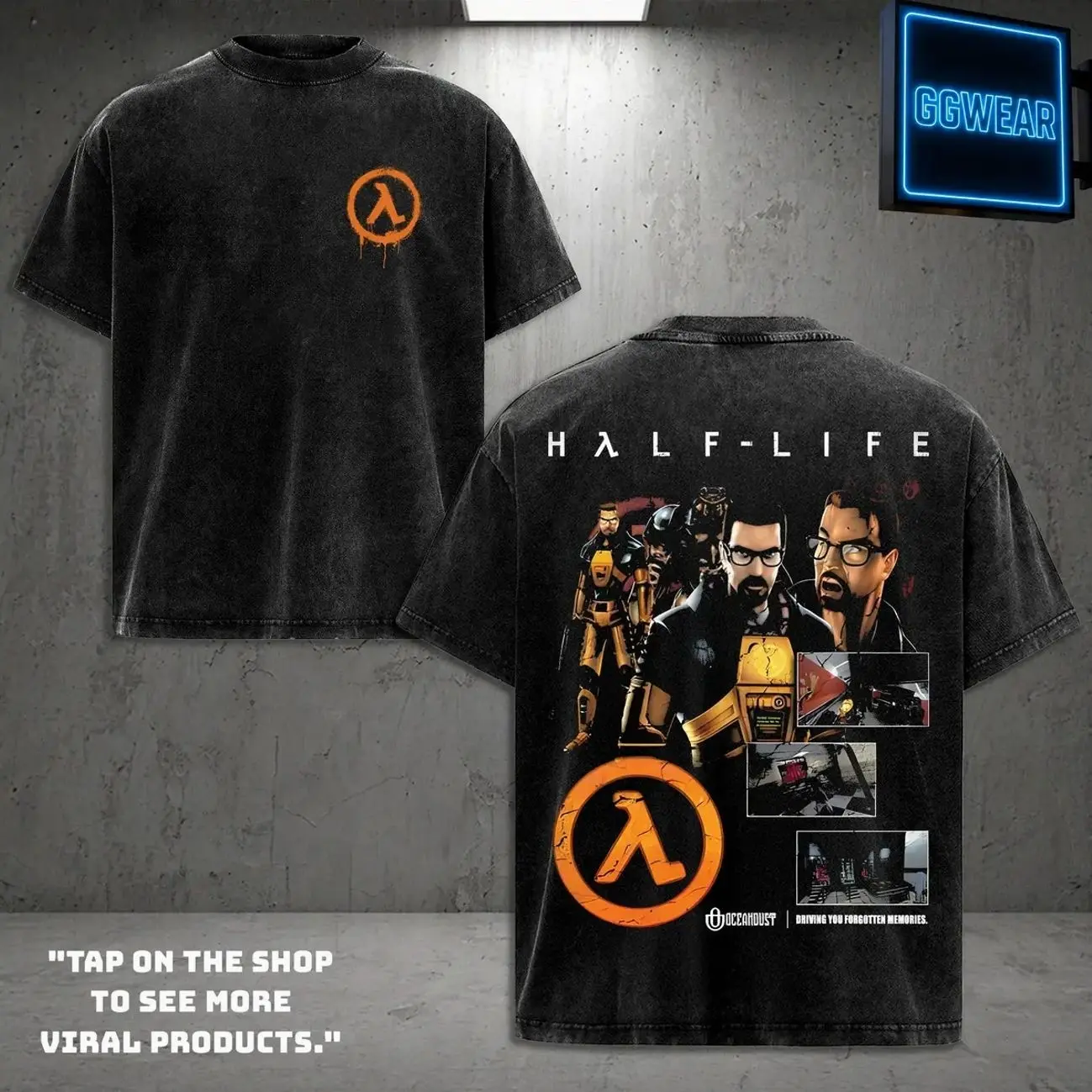 Half-life Washed Unisex Graphic Tees, Casual Crewneck Short Sleeve Washed Tshirt 2 Sided Cotton unisex graphic tees gamer merch, Black Cotton Tee with Graphic Design Featuring "HALF-LIFE" Clothes Top HS1
