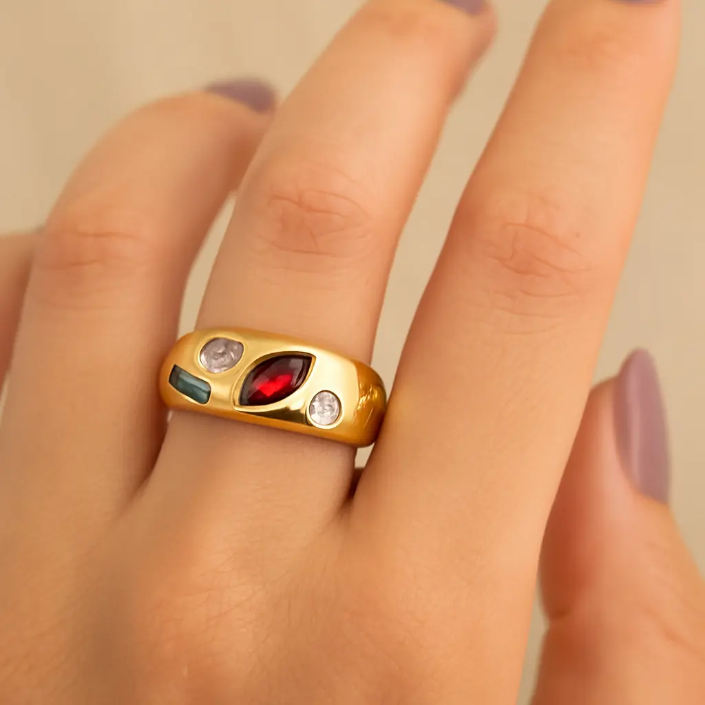Chunky Gold Gemstone Ring – Multicolor Crystal Dome Band