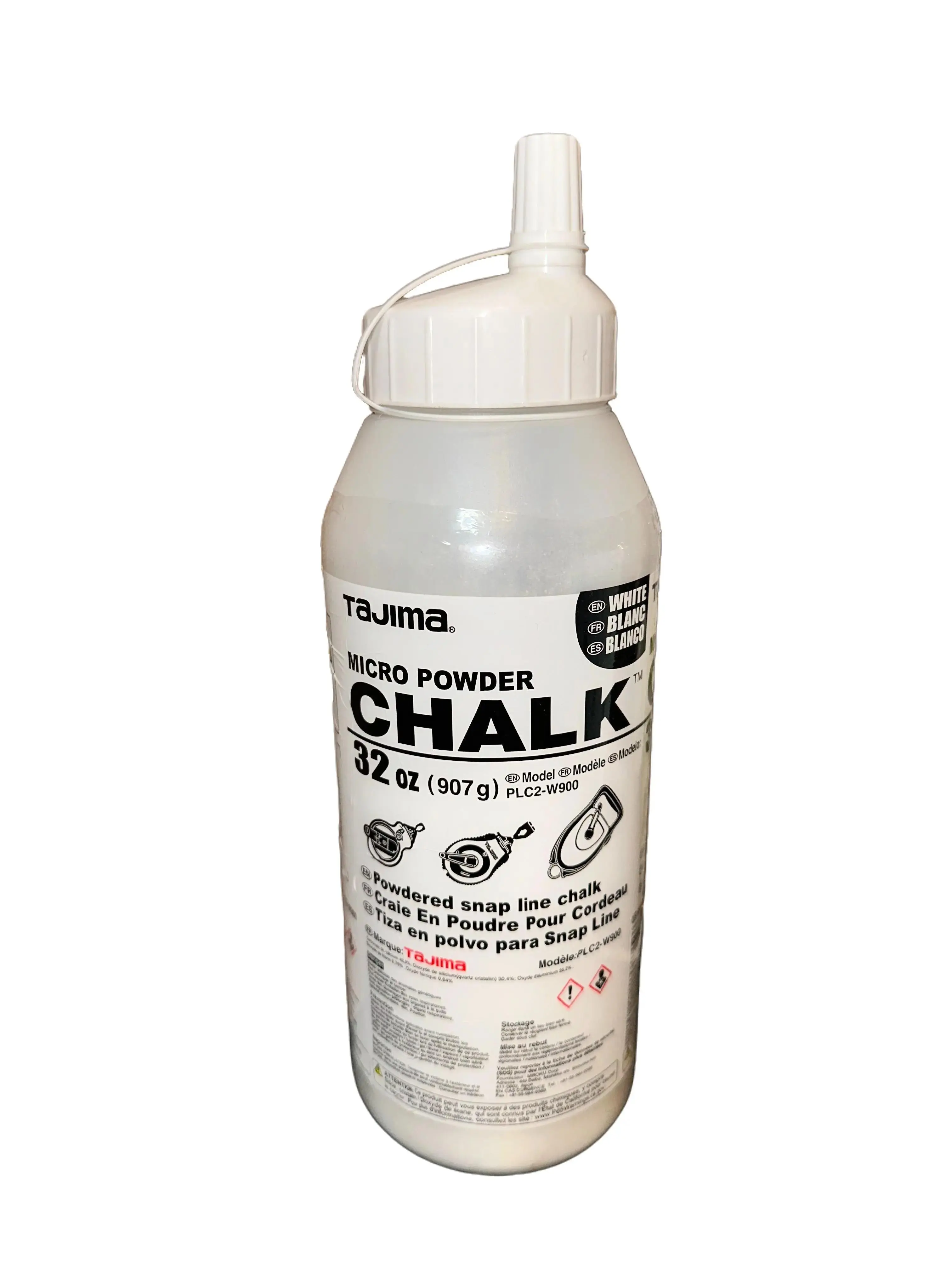 Tajima Micro Chalk - White 32oz (907g) Ultra-Fine Snap-Line Chalk, Durable Bottle, Easy-Fill Nozzle, Even Coat, Fade-Resistant, Semi-Permanent Marking - PLC2-W900