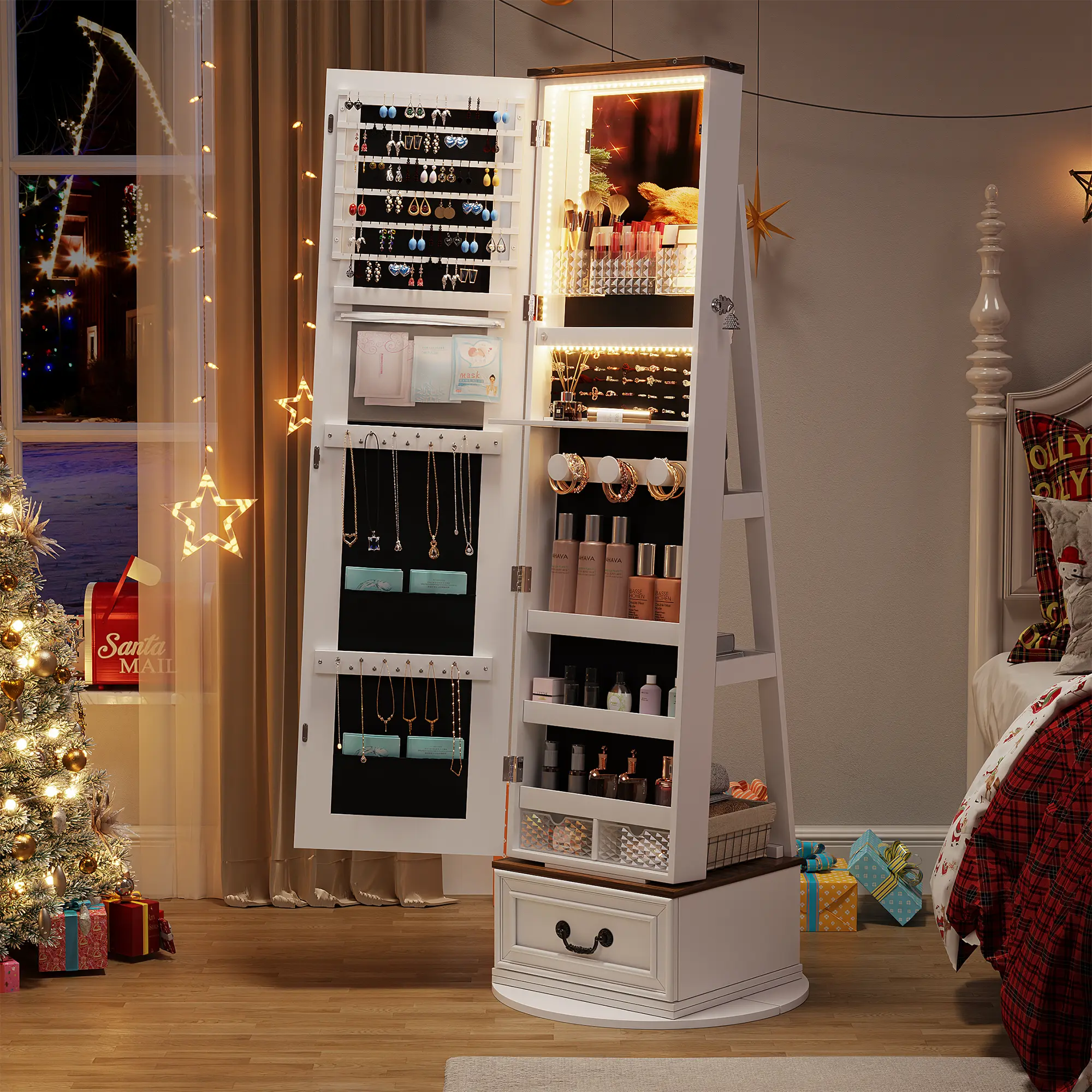 FREDEES 360°Swivel jewelry organizer with Full Length Mirror with Lights,Jewelry Armoire Cabinet Standing with Drawers,Large Mirror Storage for Jewelry and Makeup,Best Gift for Mom,Wife & Girls