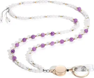 Lanyards for ID Badges and , Retractable Teacher Lanyard for Women Cute, Beaded Lanyard with ID Holder Necklace Lavender