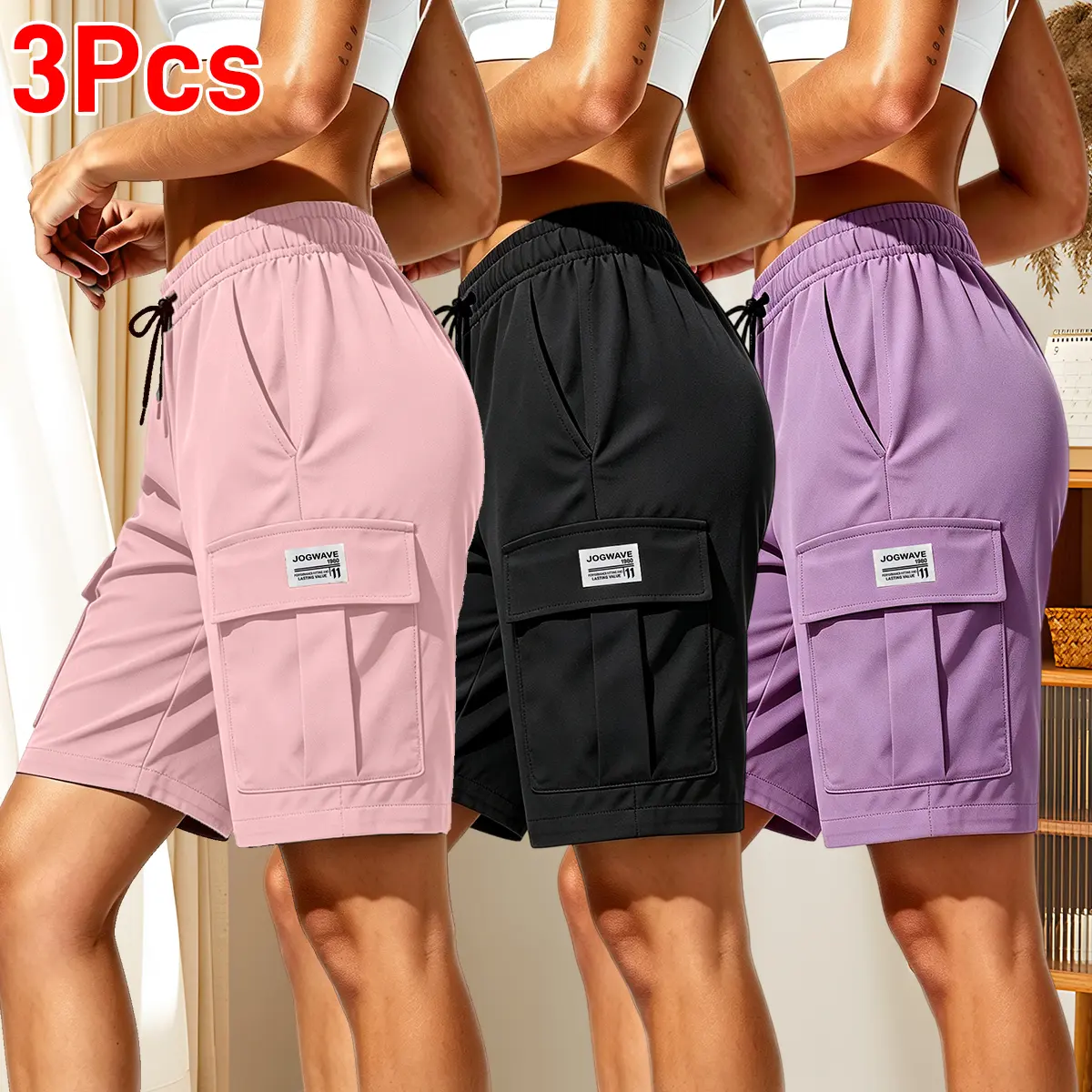 Pack of 3 women’s outdoor cargo shorts—breathable, quick-drying, multi-pocket design, solid color, drawstring elastic waistband; suitable for outdoor sports and casual wear; summer shorts, women’s shorts.