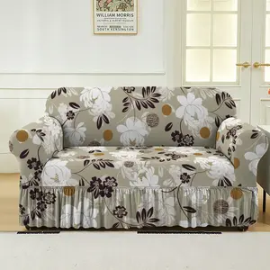 Stretchable Floral Sofa Cover with Fringe Skirt, Fits 1-3 Seater Armchair, Nylon/polyester Blend, All Seasons, Elastic Sofa Slipcover