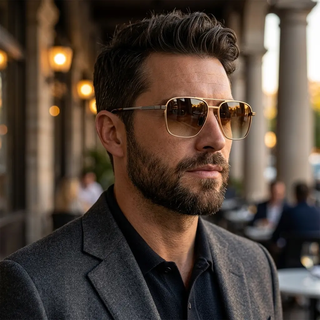 Men's Retro Double Bridge Sunglasses, Square Aviator 2-Tone Metal Frame with Tortoise Anti-Slip Temples, UV400 Gradient Lenses for Driving & Beach, Father’s Day, Driving / Ootd, Anti-Slip Details, Dark Tint Men's Sunglasses