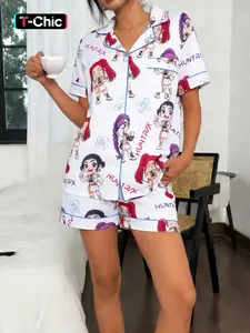 2-piece women's white background full body cartoon kpop witch hunting group English pattern printed short sleeved shorts top small pocket elastic waistband home daily casual Loungewear, Pajama set, sleepwear set