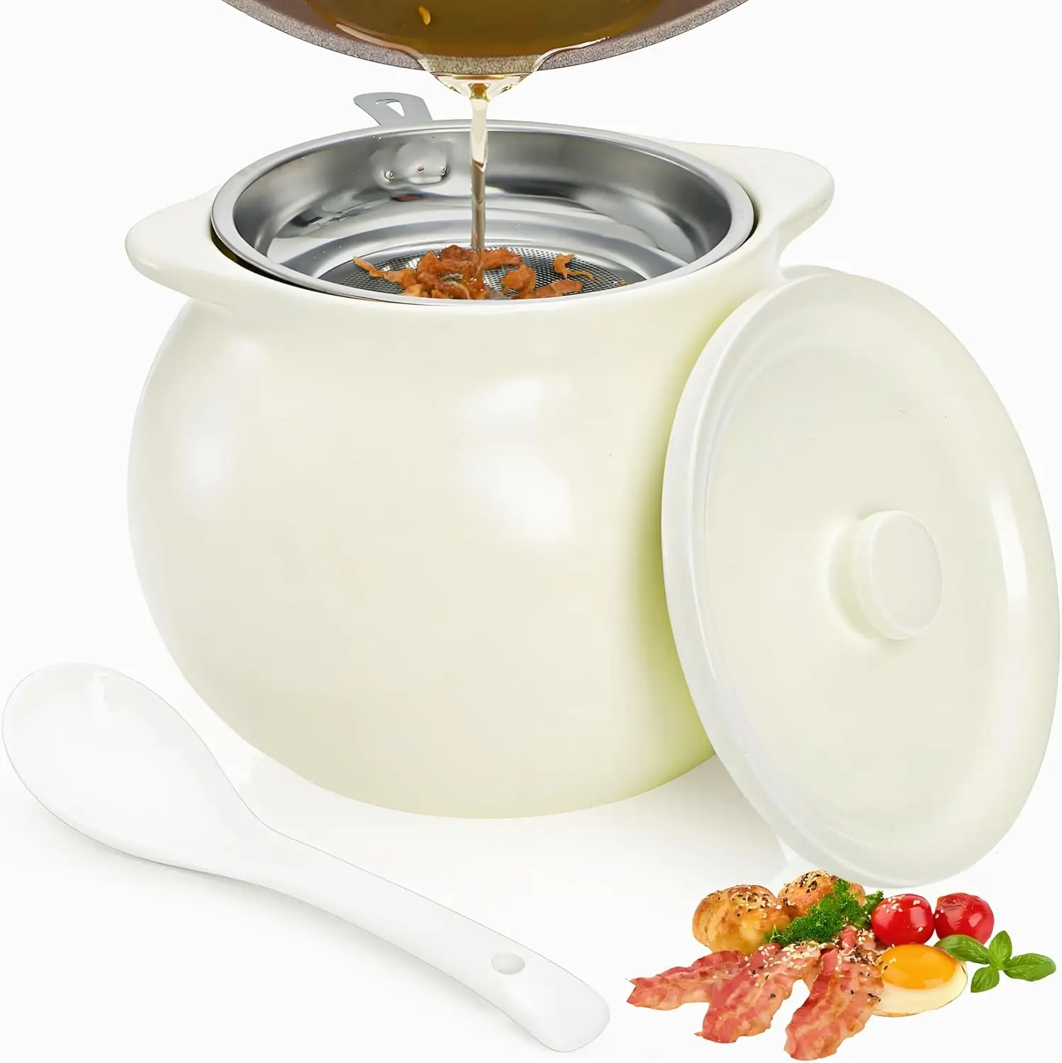 Bacon Container with Strainer, 47 Oz Large Capacity Cooking Oil Saver with Lid Easy Grip Handle, Farmhouse Bacon Fat Dripping Can for Home Decor