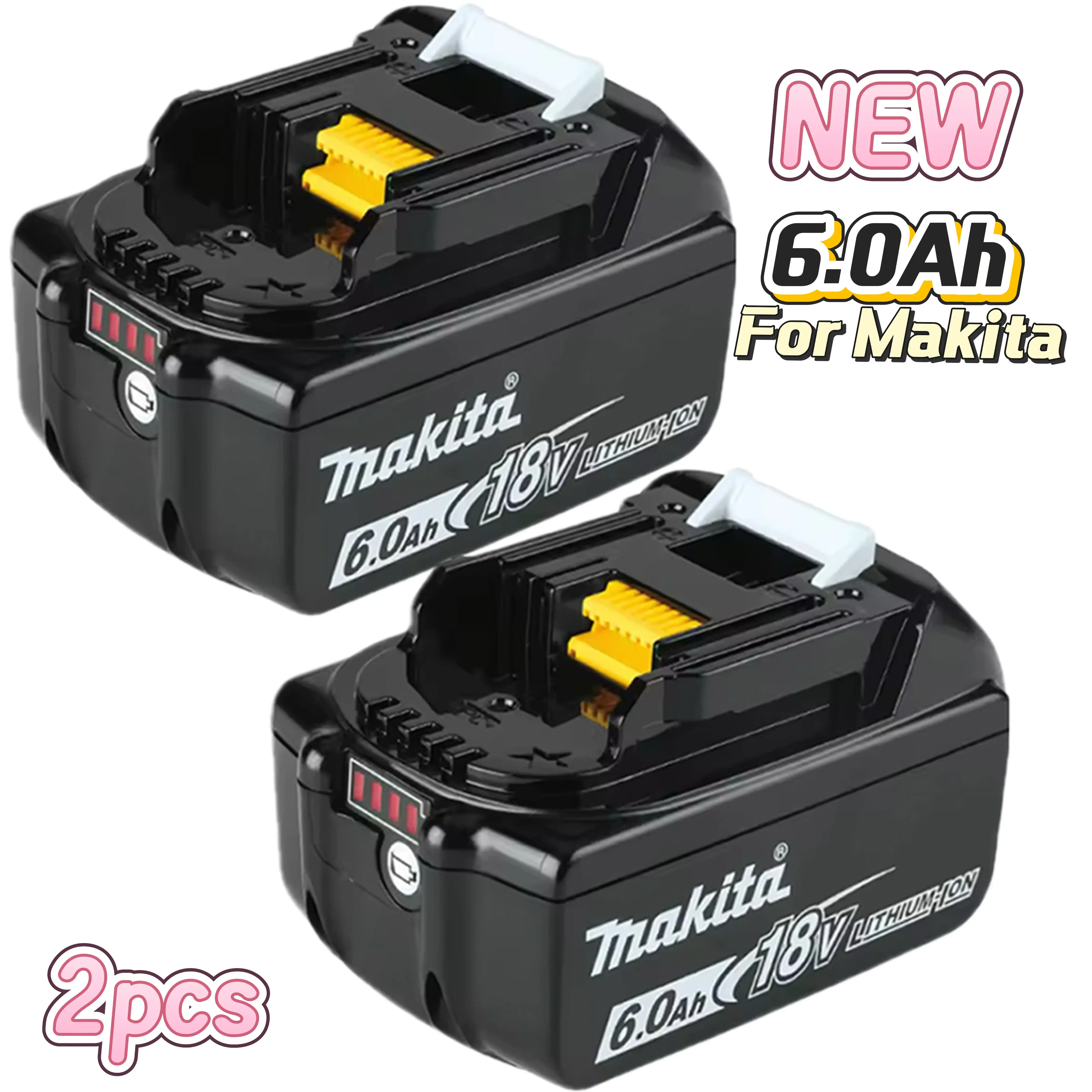 2-Pack 18V 6.0Ah Rechargeable Lithium Replacement Batteries for Makita BL1860, BL1860B, BL1850 Power Tools (2 Piece Set)