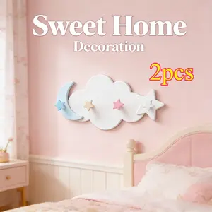 2pcs Dreamy Star Moon Cloud Hooks, No Drilling Strong Load Capacity, Cute Cartoon Decor, Key Holder, Bathroom Towel Hook, Kids Room Wall Storage