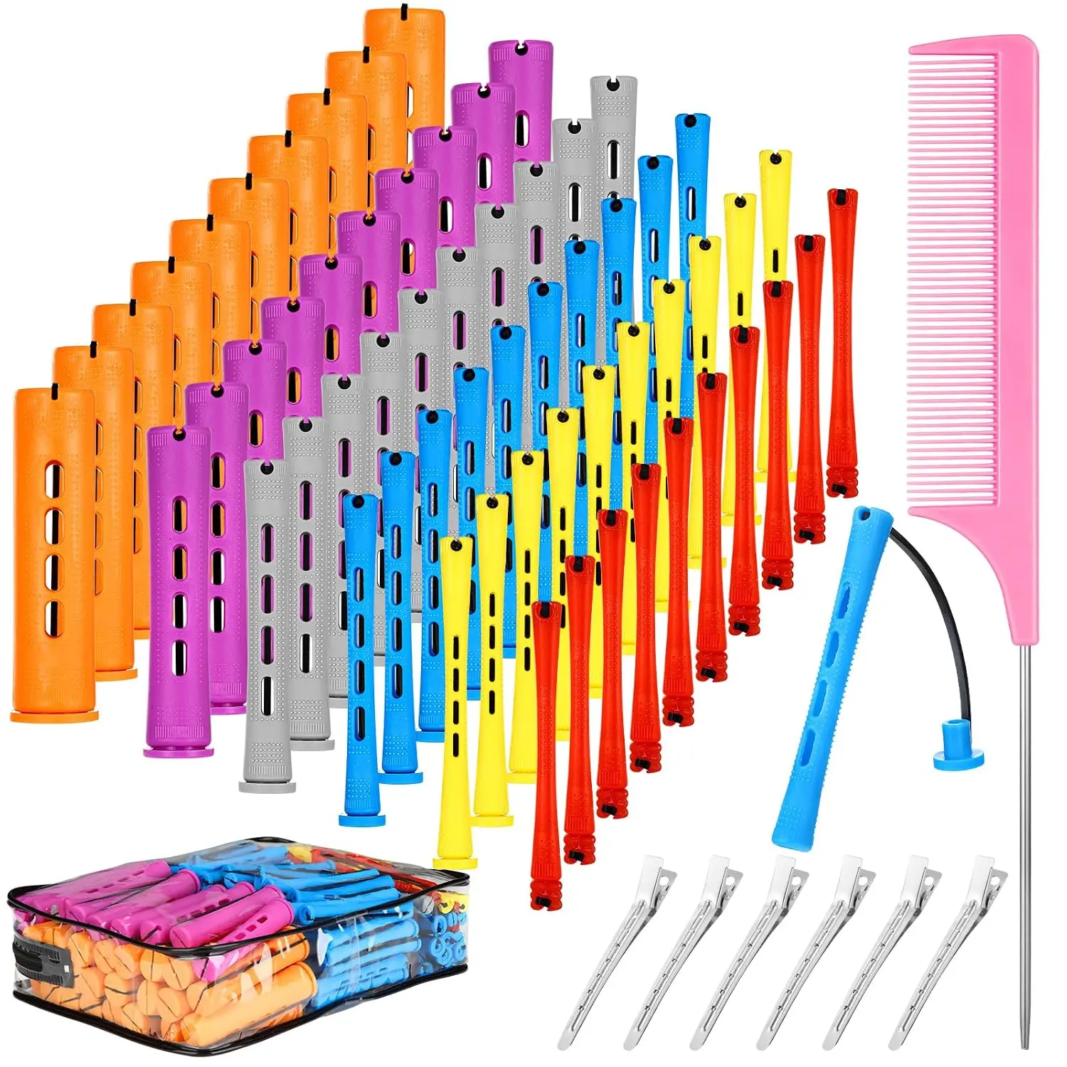 68-Piece Hair Perm Rods Kit - 6 Sizes Plastic Cold Wave Rods with Rat Tail Comb, Hair Styling Clips for Haircare & Styling