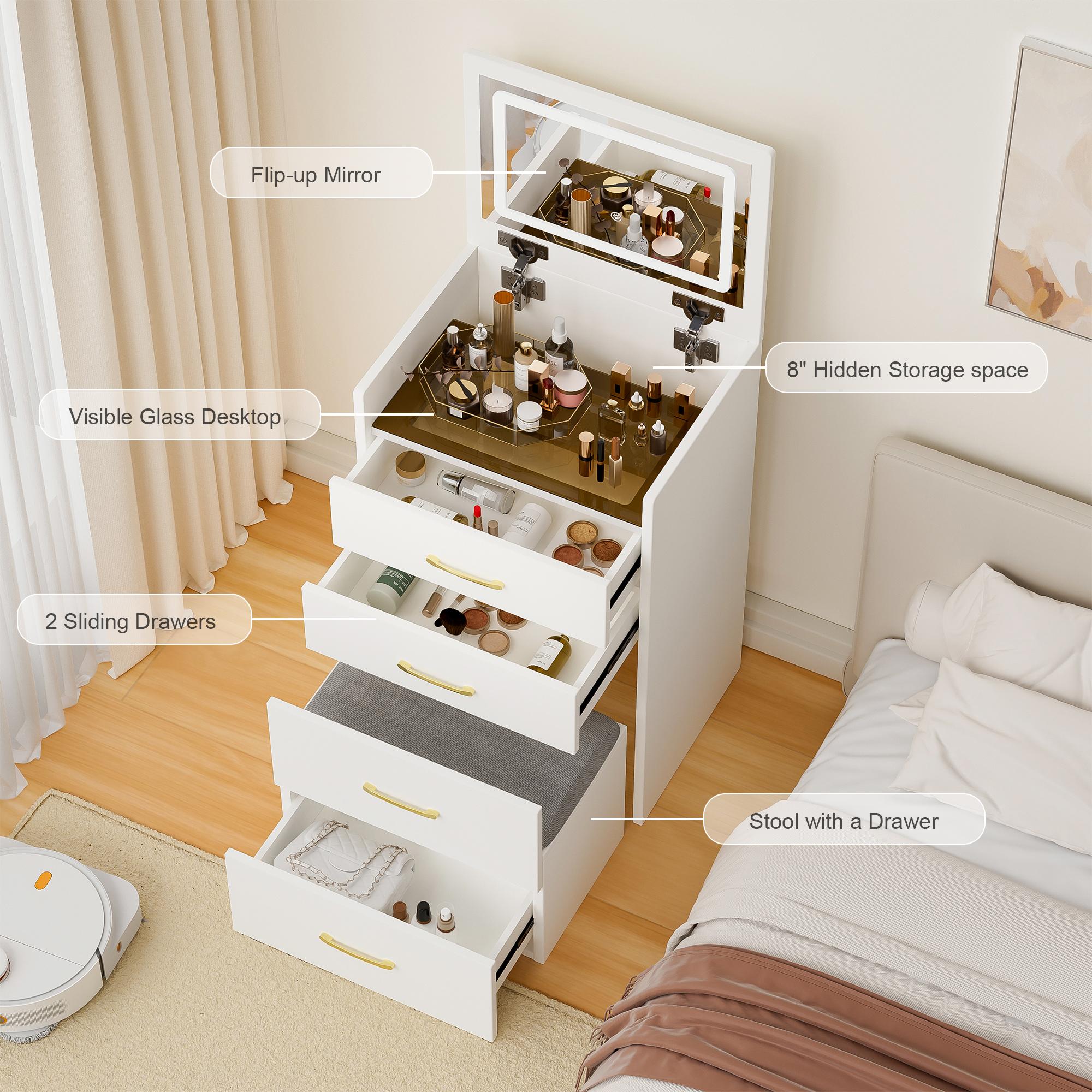 3-in-1 Vanity Desk with Flip-Top Mirror, Nightstand & Makeup Table Combo, Glass Top, 3 Drawers & Hidden Jewelry Storage, Stool Included – Space-Saving Vanity for Small Bedrooms/Apartments 3-in-1 Vanity Desk with Flip-Top Mirror, Nightstand & Makeup Table Combo, Glass Top, 3 Drawers & Hidden Jewelry Storage, Stool Included – Space-Saving Vanity for Small Bedrooms/Apartments