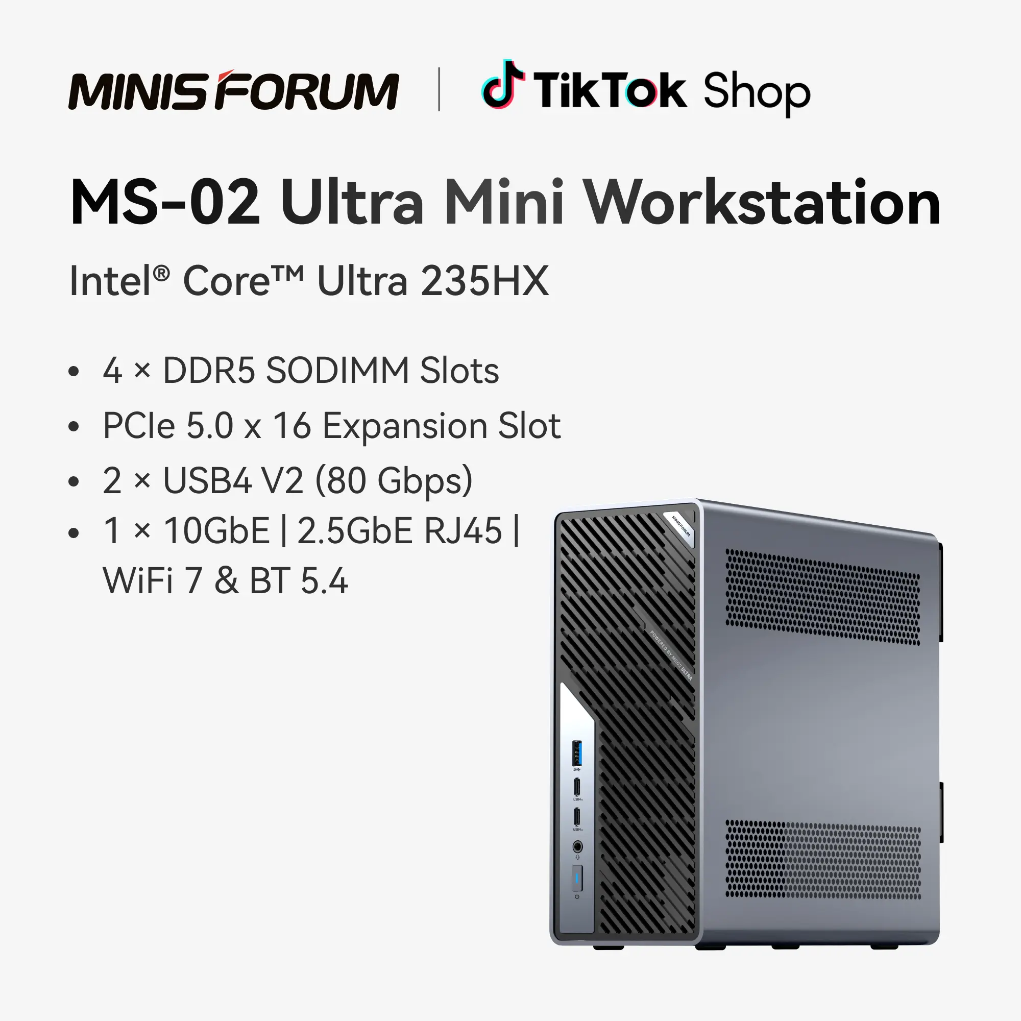MS-02 Ultra Mini Workstation PC, Intel Core Ultra 9 285HX (24C/24T, up to 5.5GHz), PCIe 5.0 x16, 4× DDR5 Slots, 4× M.2 Slots, USB4 v2 80Gbps, Dual 25GbE+10GbE+2.5GbE, Wi-Fi 7, 350W PSU