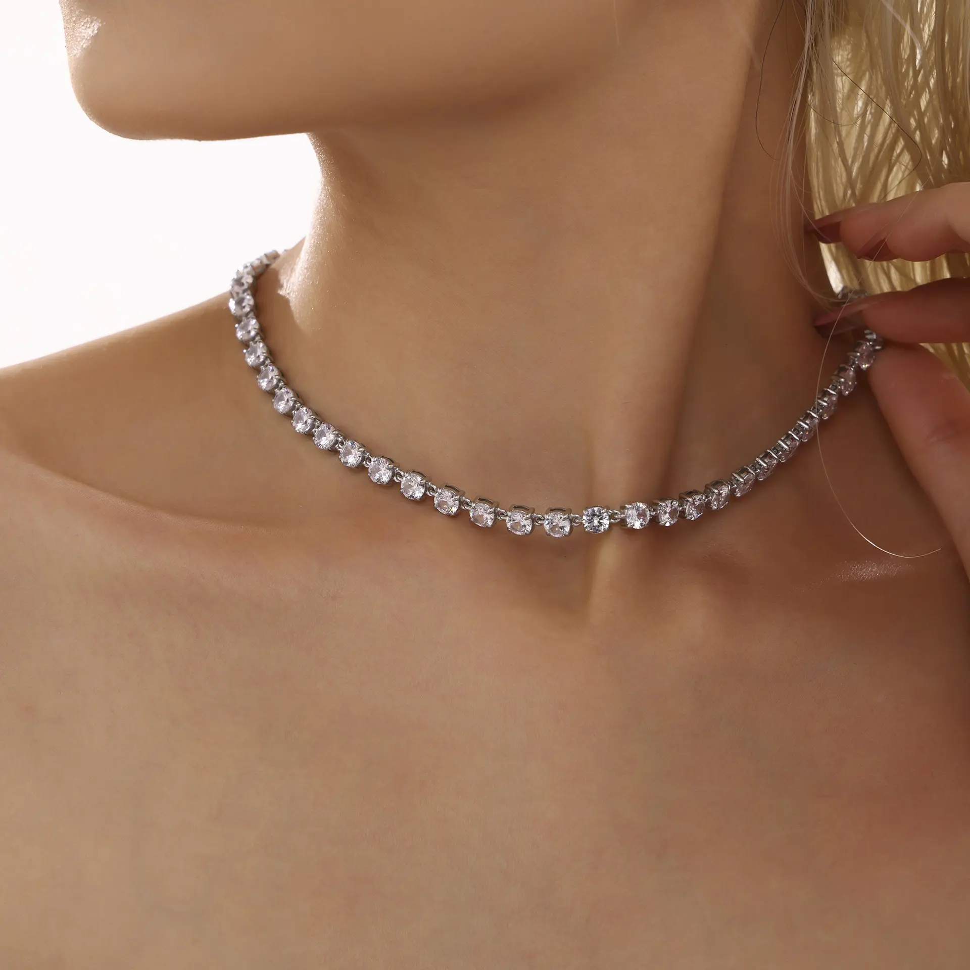 Handmade Prong Setting 5mm Colorful Zircon Shiny Bracelet & Necklace Set, 18K Gold Plated Luxury Jewelry Handmade Prong Setting 5mm Colorful Zircon Shiny Bracelet & Necklace Set, 18K Gold Plated Luxury Jewelry