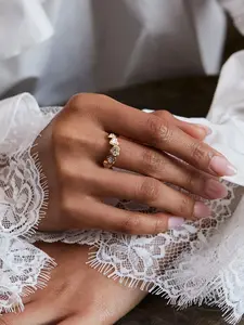 Ladies Ring Heart Shaped White Zircon Geometric Wave Stainless Steel 18k Gold Plated Waterproof Anti Allergy Classic Sweet Romantic Engagement Art Perfect Jewelry