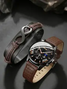 Men's Business Fashion Round Dial Watch & Bracelet Set, Fashion Watch Set for Party, Daily Clothing Decor, Trendy All-match & Exquisite Watch Set for Birthday Gift