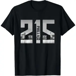 Men's Loose-Fitting 100% Cotton Soft Simple Round Neck Short-Sleeve Casual T-Shirt, Vintage Philadelphia Philly 215 Area Code Skyline Menswear Top, Men's T Shirts