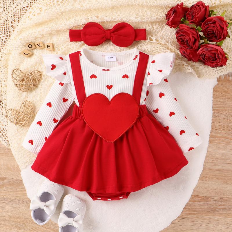 Calsunbaby Valentine Baby Girl Outfit Heart Print Ribbed Long Sleeve Newborn Valentines day Romper Dress Headband Set